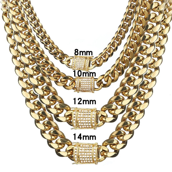 "Men's Hip Hop Fashion Jewelry Set: Stainless Steel Gold Miami Cuban Curb Chain Necklace and Bracelet (8/10/12/14MM)"
