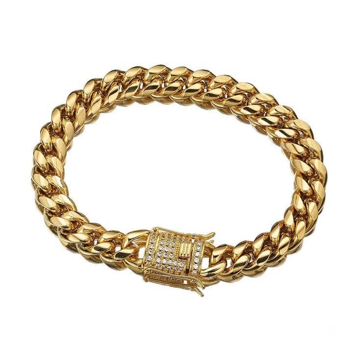 "Men's Hip Hop Fashion Jewelry Set: Stainless Steel Gold Miami Cuban Curb Chain Necklace and Bracelet (8/10/12/14MM)"