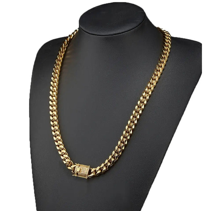 "Men's Hip Hop Fashion Jewelry Set: Stainless Steel Gold Miami Cuban Curb Chain Necklace and Bracelet (8/10/12/14MM)"