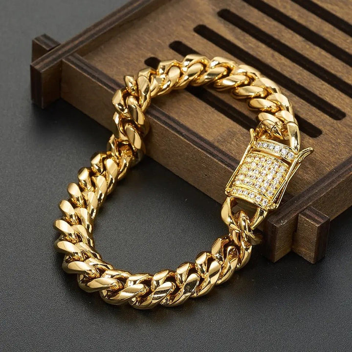 "Men's Hip Hop Fashion Jewelry Set: Stainless Steel Gold Miami Cuban Curb Chain Necklace and Bracelet (8/10/12/14MM)"