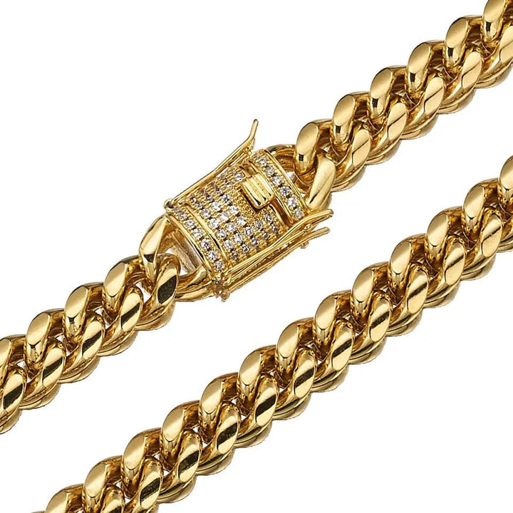 "Men's Hip Hop Fashion Jewelry Set: Stainless Steel Gold Miami Cuban Curb Chain Necklace and Bracelet (8/10/12/14MM)"