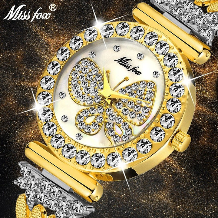 MISSFOX 2030 Butterfly Women Watches Luxury Brand Big Diamond 18K Gold Watch Waterproof Special Bracelet