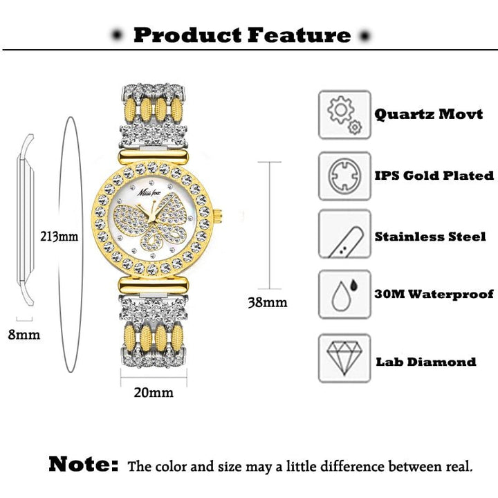 MISSFOX 2030 Butterfly Women Watches Luxury Brand Big Diamond 18K Gold Watch Waterproof Special Bracelet
