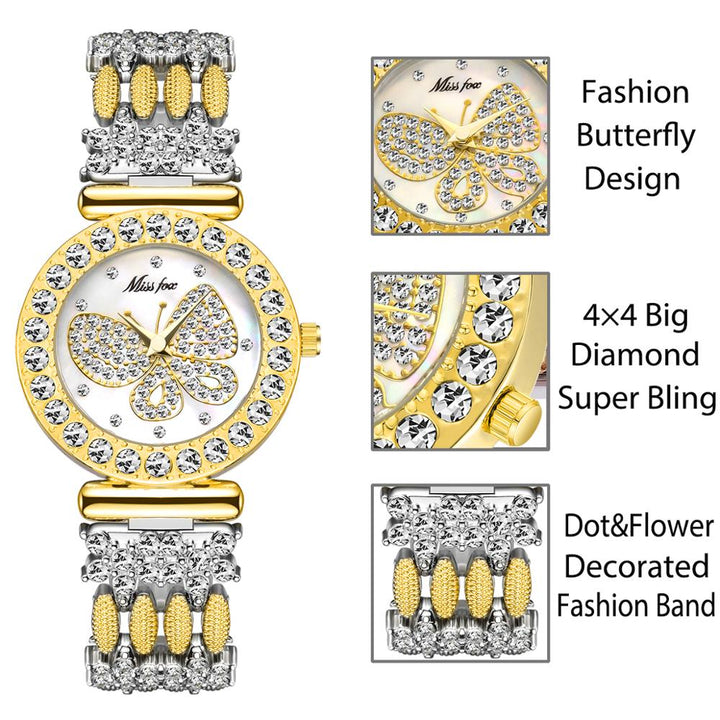 MISSFOX 2030 Butterfly Women Watches Luxury Brand Big Diamond 18K Gold Watch Waterproof Special Bracelet