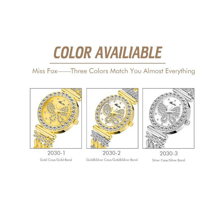 MISSFOX 2030 Butterfly Women Watches Luxury Brand Big Diamond 18K Gold Watch Waterproof Special Bracelet