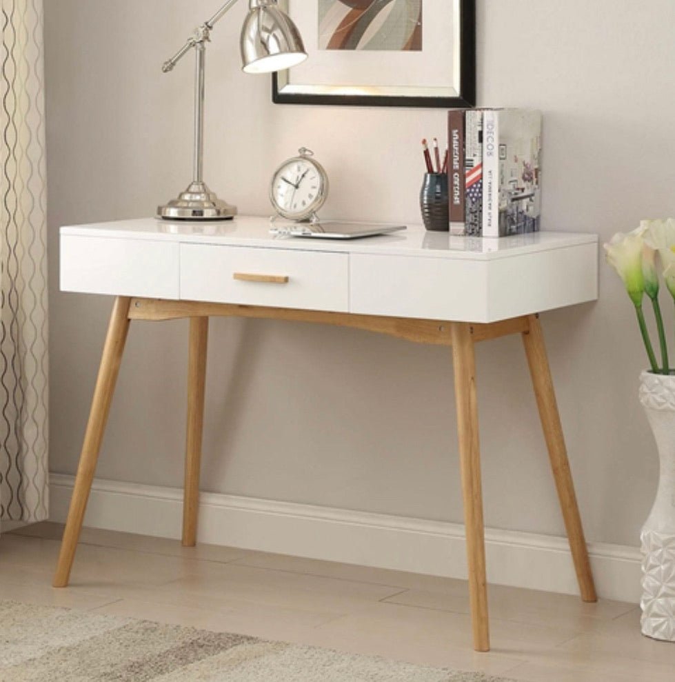 Modern Laptop Writing Desk in White with Natural Mid-Century Style Legs