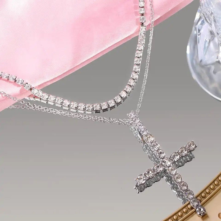 "Multi-layer Crystal Chain Necklace with Punk Silver Cross Pendant and Rhinestones for Women"