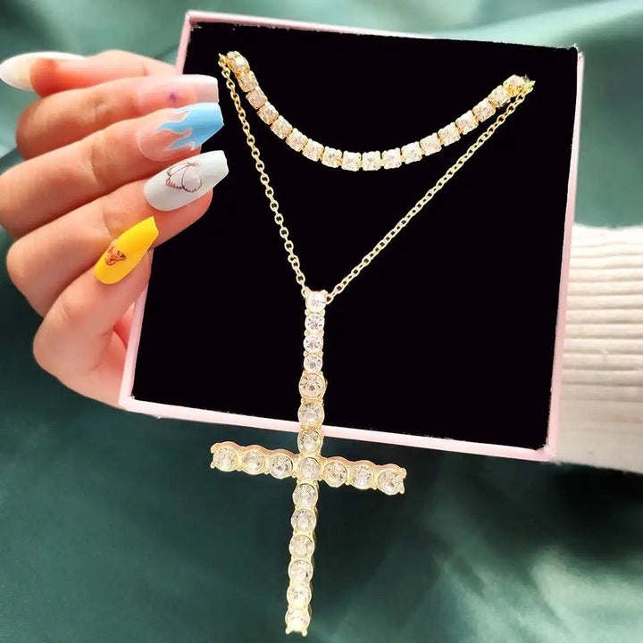"Multi-layer Crystal Chain Necklace with Punk Silver Cross Pendant and Rhinestones for Women"