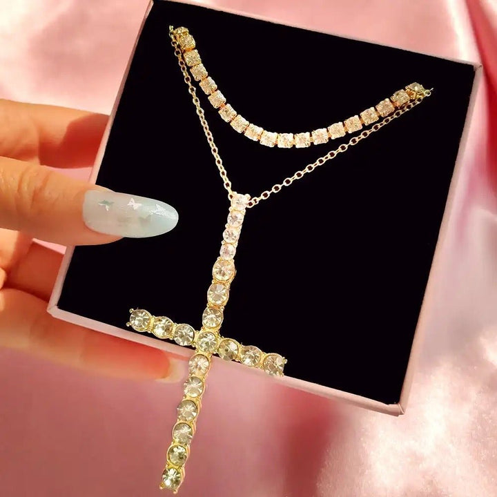 "Multi-layer Crystal Chain Necklace with Punk Silver Cross Pendant and Rhinestones for Women"