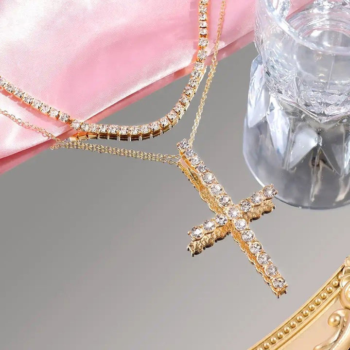"Multi-layer Crystal Chain Necklace with Punk Silver Cross Pendant and Rhinestones for Women"