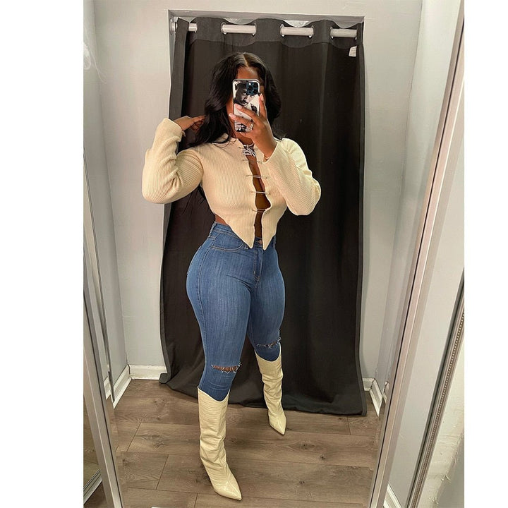 Trendy Asymmetric Knitted Sweater with Collared Neckline