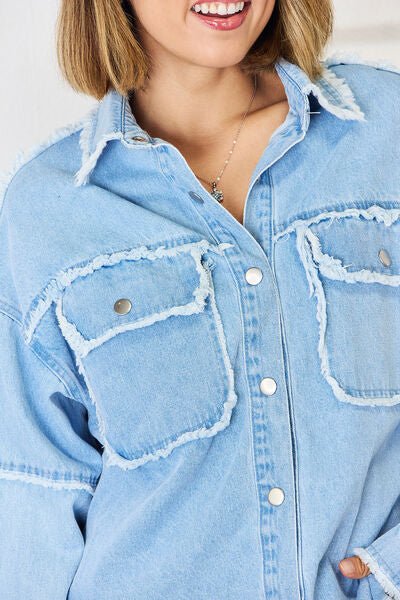 Trendy Distressed Denim Top with Relaxed Dropped Shoulders