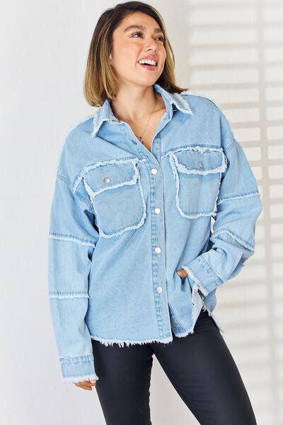 Trendy Distressed Denim Top with Relaxed Dropped Shoulders