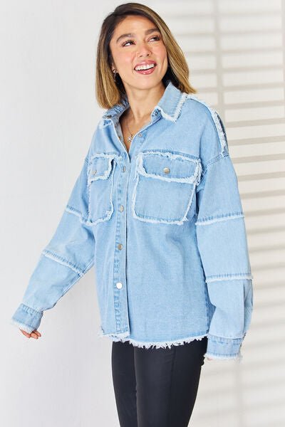 Trendy Distressed Denim Top with Relaxed Dropped Shoulders