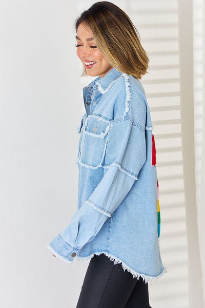 Trendy Distressed Denim Top with Relaxed Dropped Shoulders