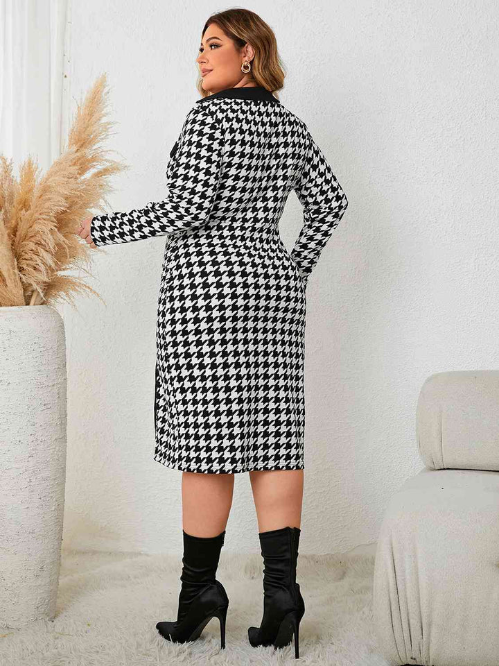 Elegant Plus Size Houndstooth Long Sleeve Dress With Slit
