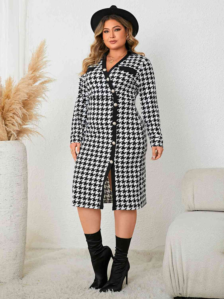 Elegant Plus Size Houndstooth Long Sleeve Dress With Slit