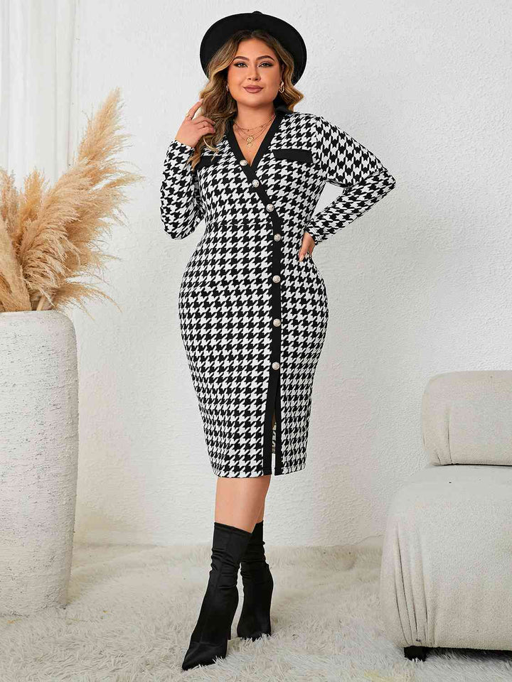 Elegant Plus Size Houndstooth Long Sleeve Dress With Slit