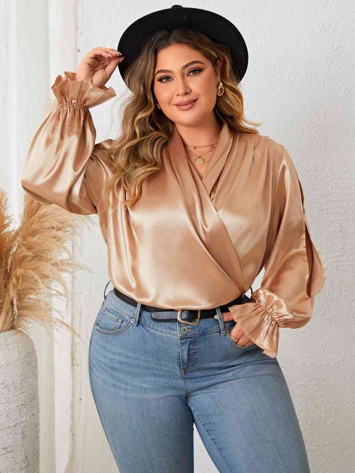 Elegant Plus Size Flowy Sleeve Blouse with Surplice Neckline