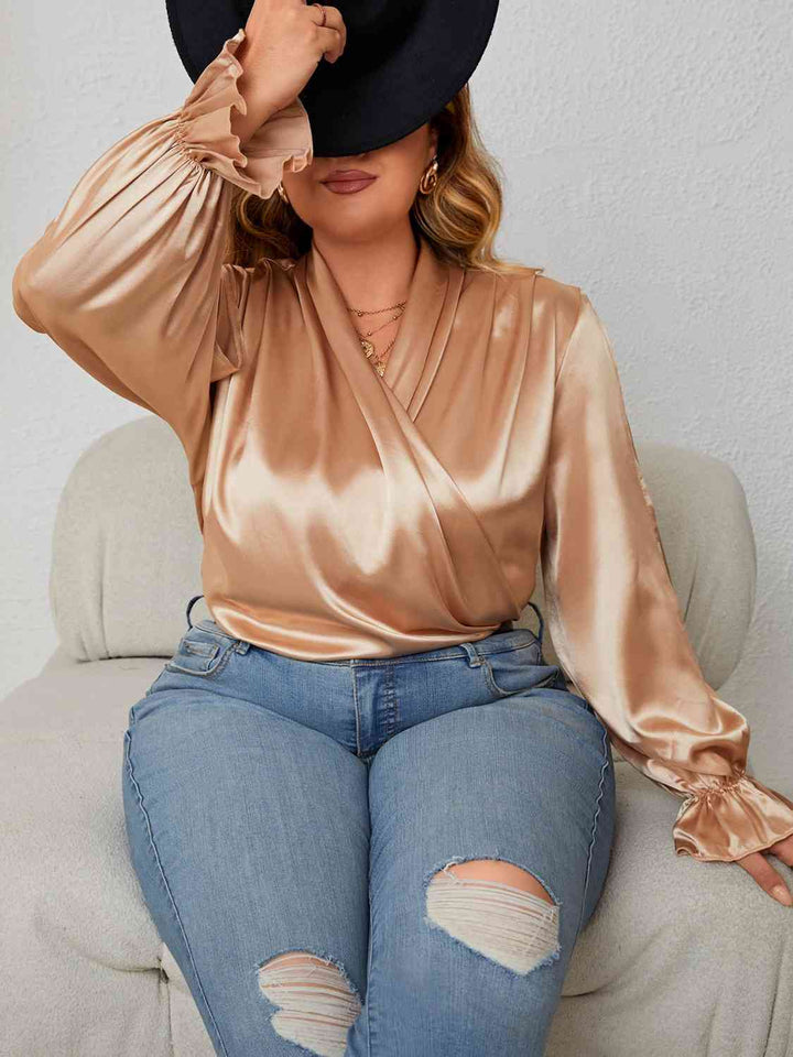Elegant Plus Size Flowy Sleeve Blouse with Surplice Neckline
