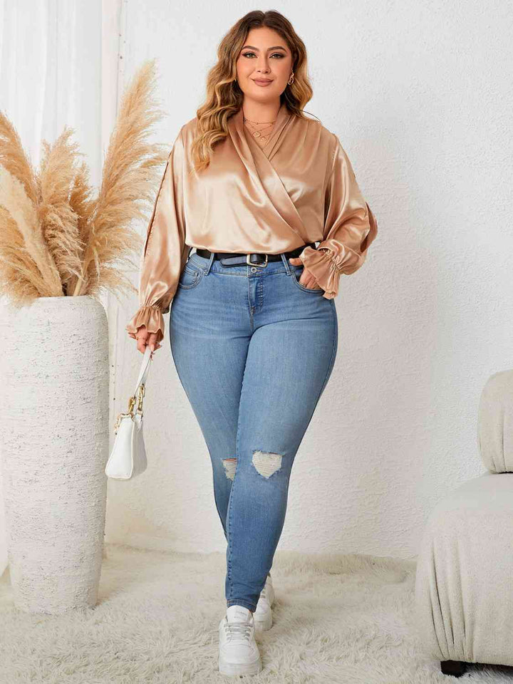 Elegant Plus Size Flowy Sleeve Blouse with Surplice Neckline
