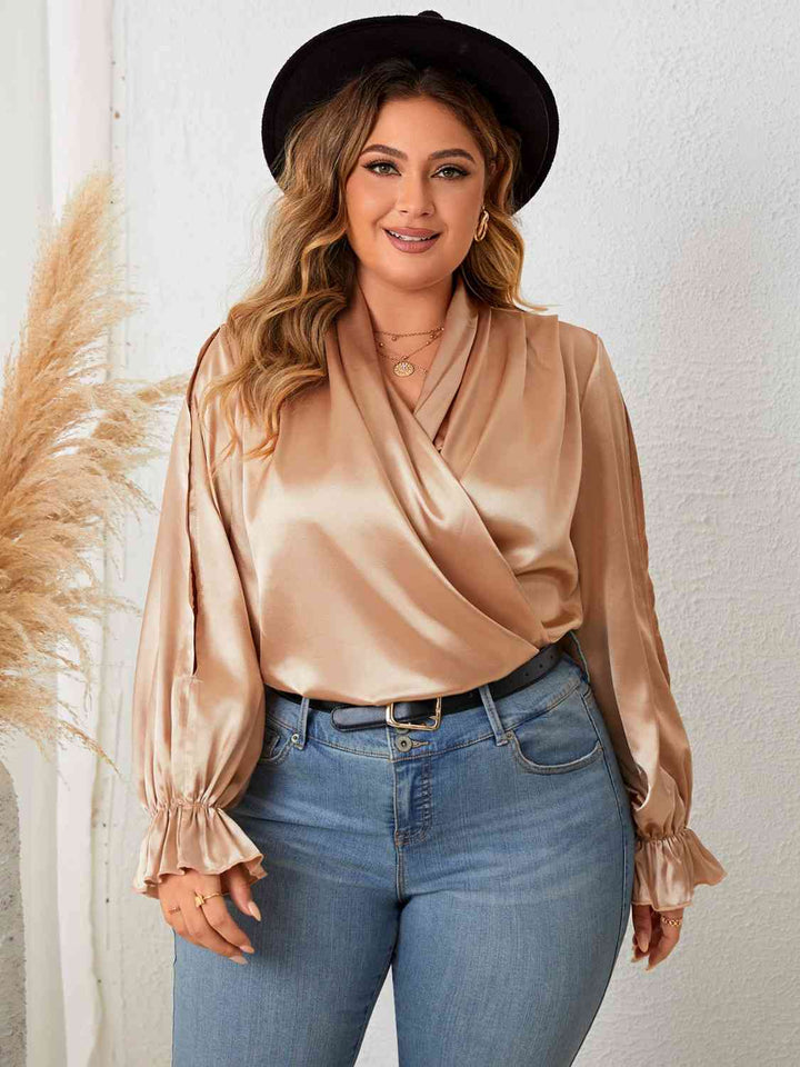 Elegant Plus Size Flowy Sleeve Blouse with Surplice Neckline