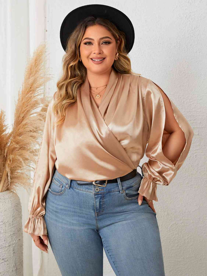 Elegant Plus Size Flowy Sleeve Blouse with Surplice Neckline
