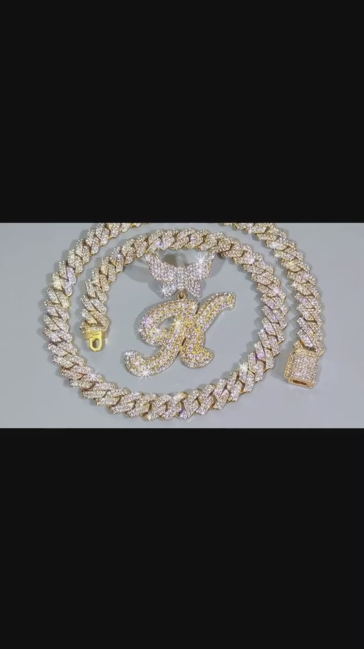 14mm Crystal Butterfly Cursive Letters Necklace Jewelry