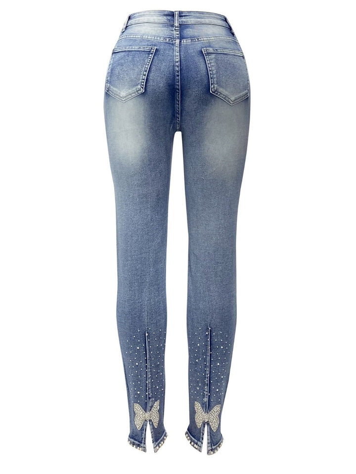 Dazzling Rhinestone-Studded Skinny Jeans with Functional Pockets