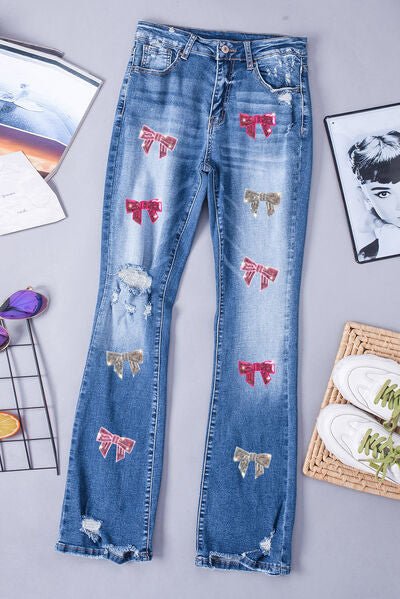 Sequin Bow Embellished Distressed Bootcut Jeans for Women