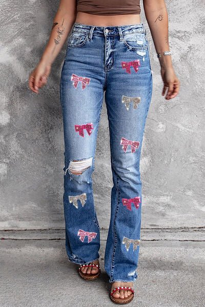 Sequin Bow Embellished Distressed Bootcut Jeans for Women