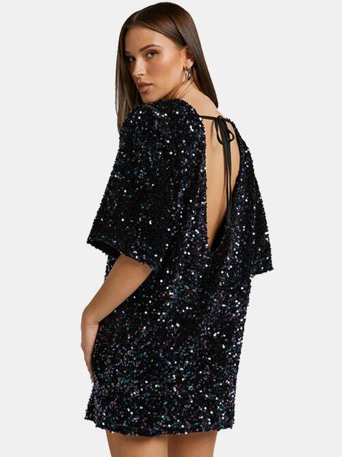 Dazzling Sequin Mini Dress with Stylish Tie-Back and Half Sleeves