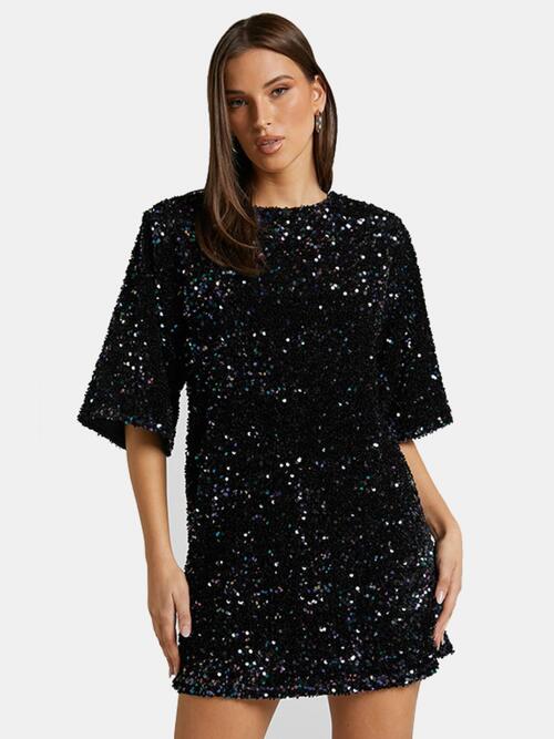Dazzling Sequin Mini Dress with Stylish Tie-Back and Half Sleeves