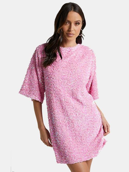 Dazzling Sequin Mini Dress with Stylish Tie-Back and Half Sleeves