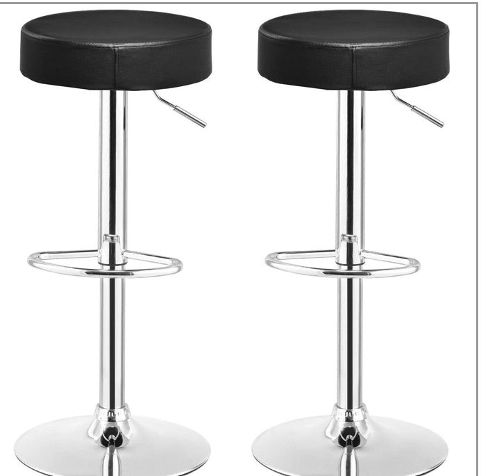 Set of 2 Black Adjustable Round Faux Leather Swivel Bar Stools