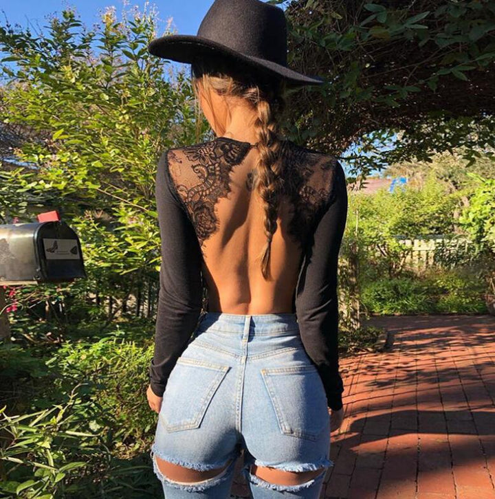 Seductive Lace-Back Bodysuit for Women - Long Sleeve Wear