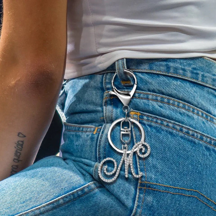 "Shimmering Scriptz - 26 Sparkling Initials Crystal Keychains in Silver Alloy (A-Z Letters)"