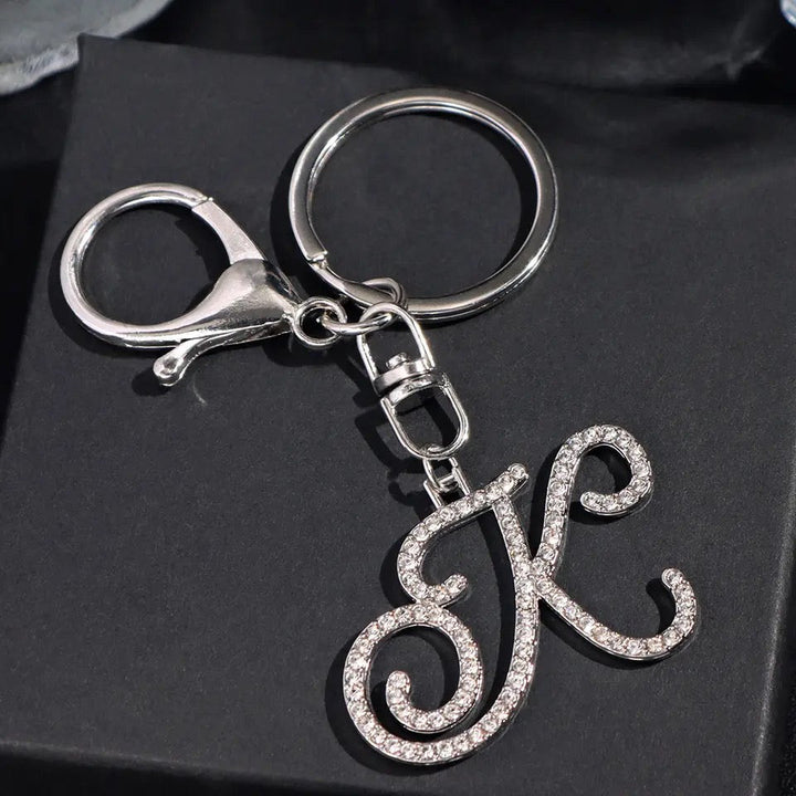 "Shimmering Scriptz - 26 Sparkling Initials Crystal Keychains in Silver Alloy (A-Z Letters)"