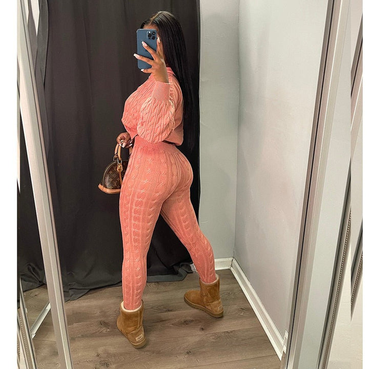 Sleek Winter Knitted Ensemble for Women Sweater Hoodie Set