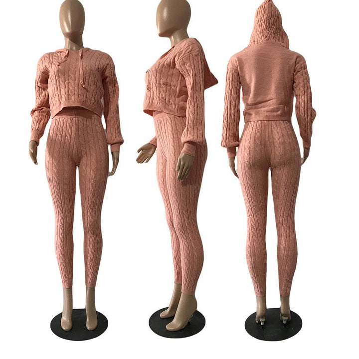 Sleek Winter Knitted Ensemble for Women Sweater Hoodie Set