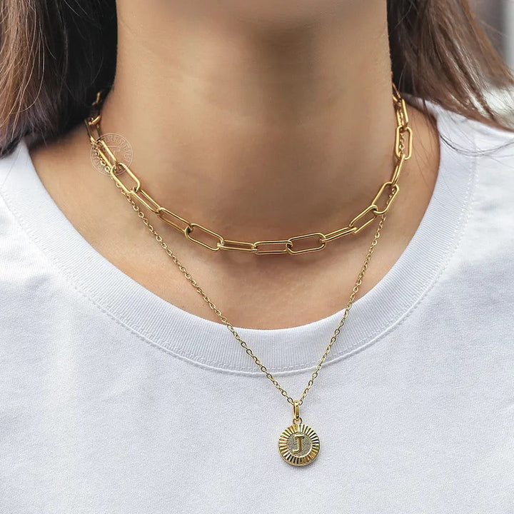 Stainless Steel Initial Coin Chain Necklace 2pcs/Set