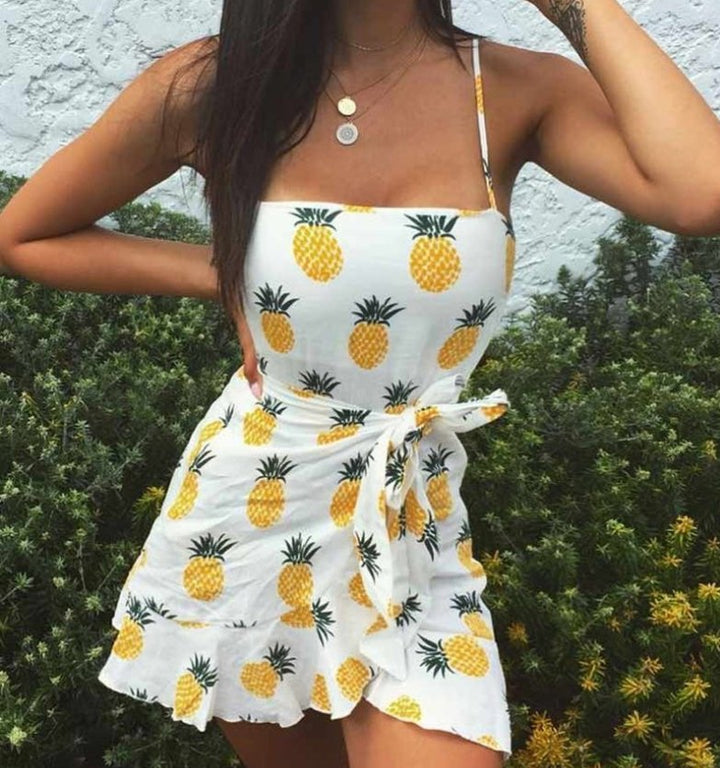 Women's leaf print suspender chiffon dress sexy beach seaside vacation irregular skirt