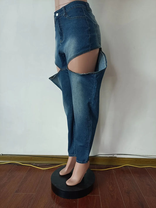 Ripped Denim Cargo Pants with Tie Dye Design for Women