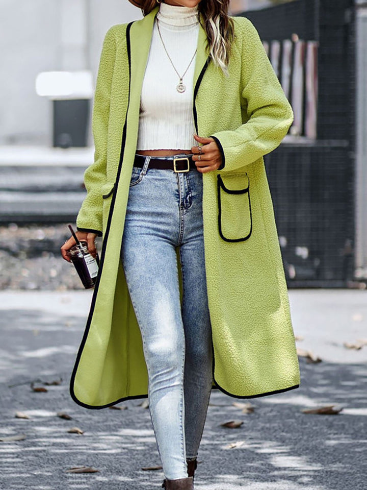 Chic Contrast Trim Long Sleeve Coat with Functional Pockets