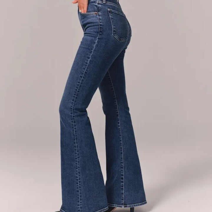 Vintage High Waist Flare Jeans for Women - Stretch Denim Trousers with Pockets