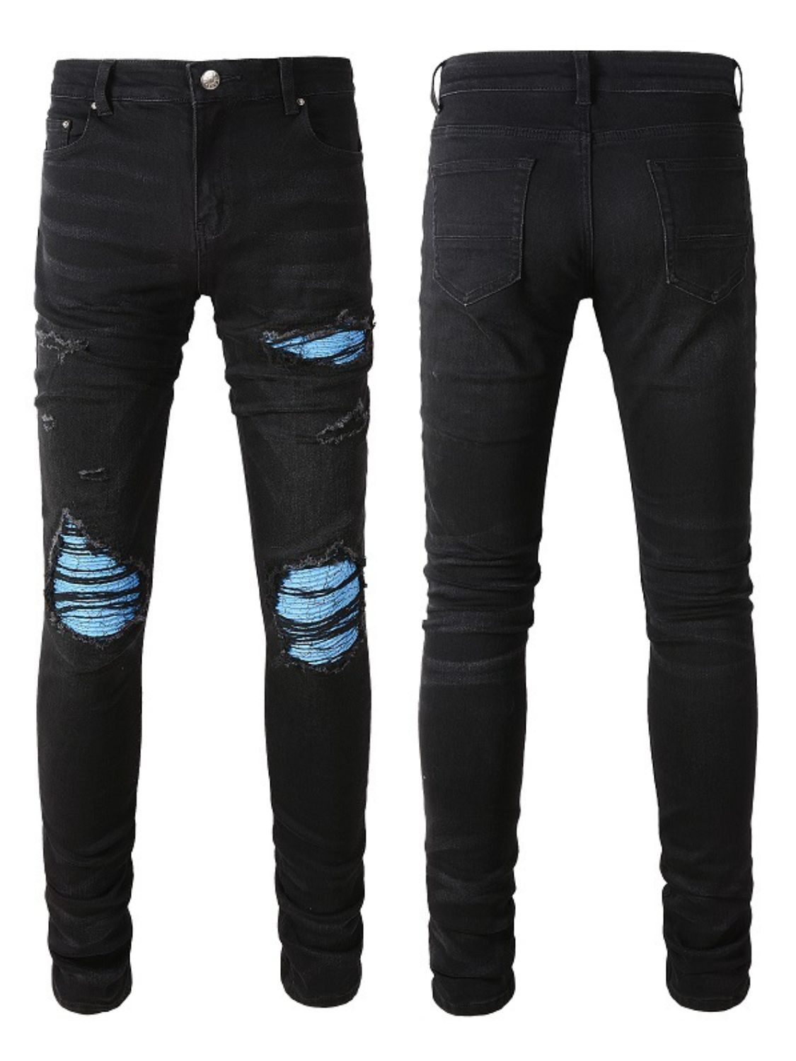 Men's Distressed Skinny Jeans with Raw Hem and Stretch