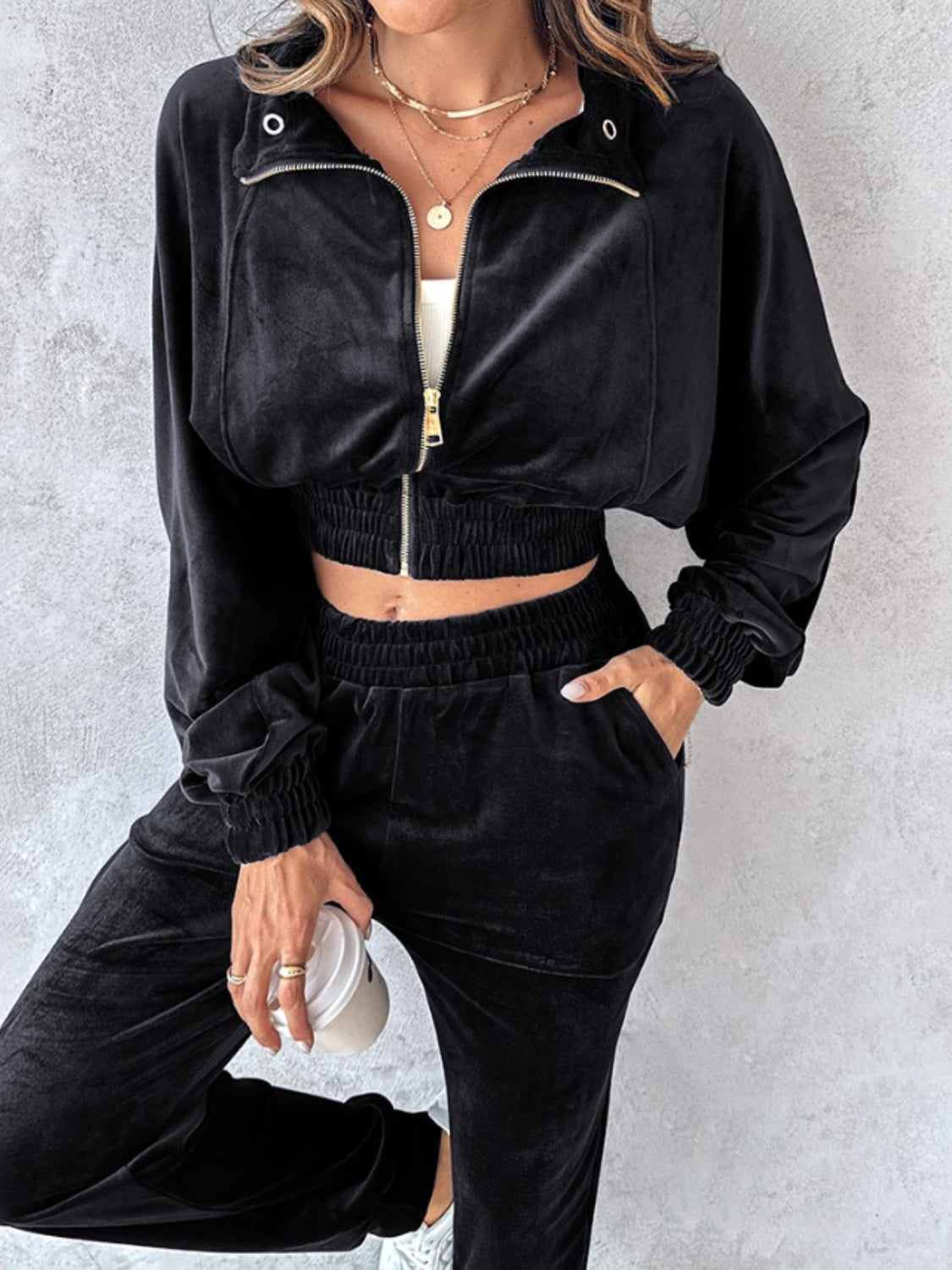 Cropped Zip-Up Long Sleeve Top and Jogger Set for Women