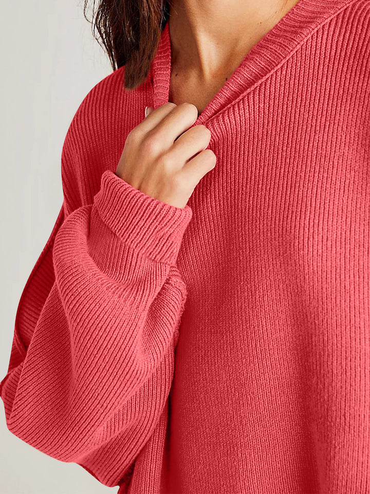 Chic Side Slit Long Sleeve Sweater with Round Neck