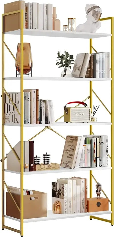 Elegant Gold 5-Tier Bookcase - Open Shelf Storage for Living Room & Bedroom