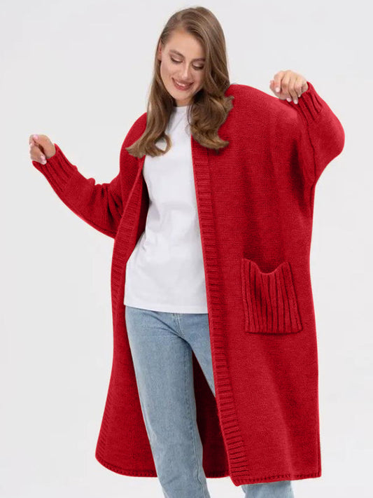 Pocketed Open Front Long Sleeve Longline Cardigan for Women